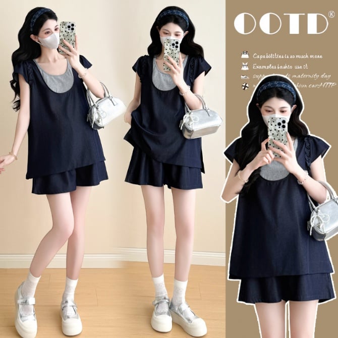 Maternity Faux Two-Piece Denim Vest Set