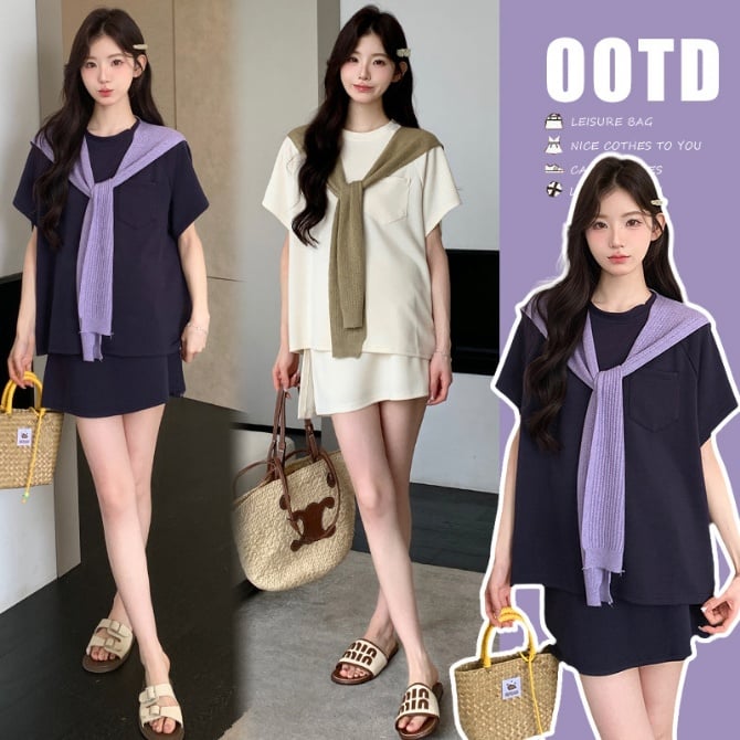 Maternity Outfit Set – Short Sleeve T-Shirt + Skirt with Built-in Shorts