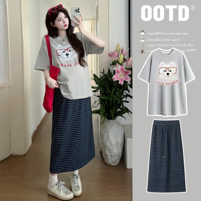 Maternity Cotton Round Neck T-Shirt – Cute Dog Print, Short Sleeve Summer Top
