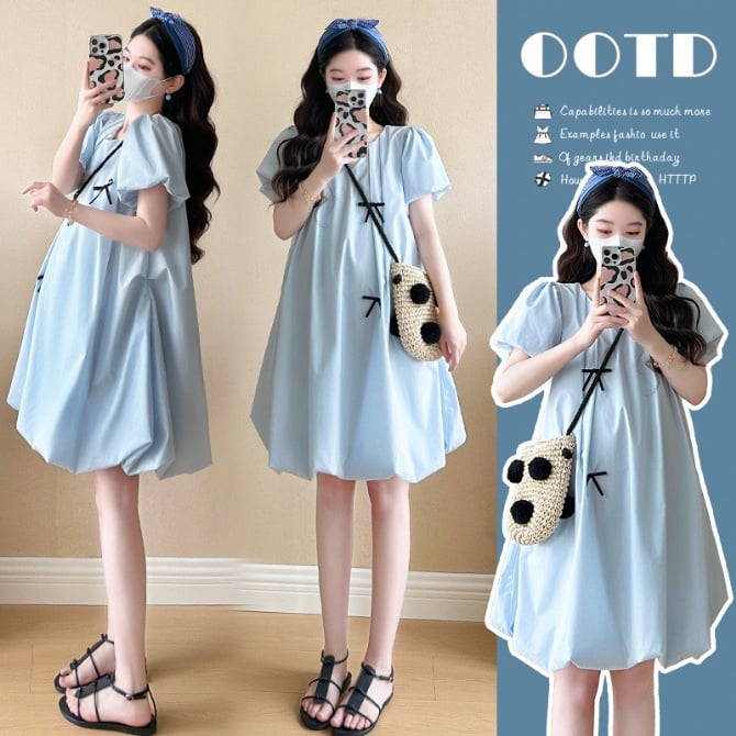 Sweet Maternity Dress with Bow & Puff Hem – Loose Fit Short Sleeve