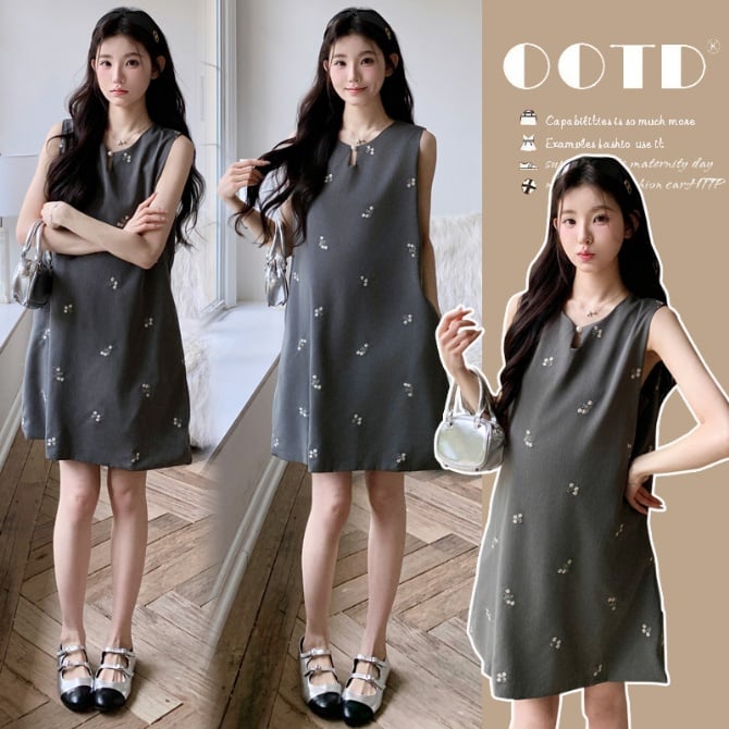 Maternity French-Style Embroidered Floral Sleeveless Mini Dress