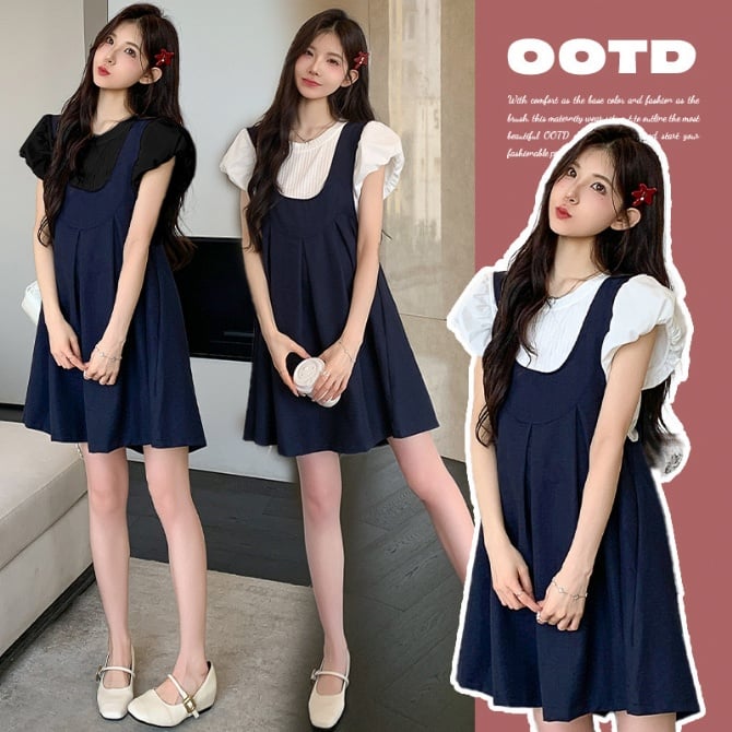 Cooling Knit Maternity Set: Suspender Dress + Puff Sleeve Top