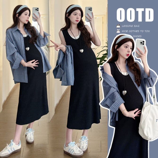 Maternity 2-Piece Set: Sleeveless Layered Dress + Striped Shirt