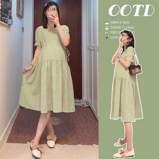 Maternity French Style V-Neck Tea Dress