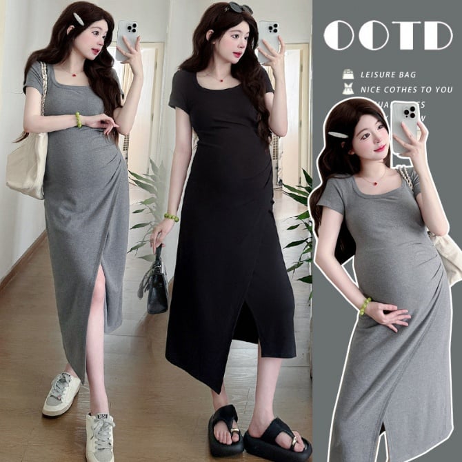 Elegant Maternity T-Shirt Dress with Side Slit