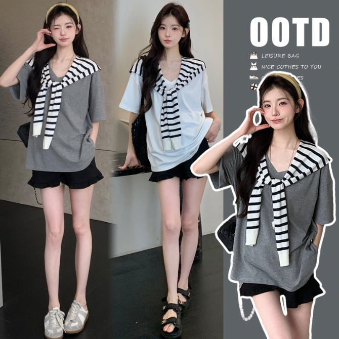 Comfortable Preppy Maternity 3-Piece Set – T-Shirt, Shoulder Cape & Shorts for Daily Wear