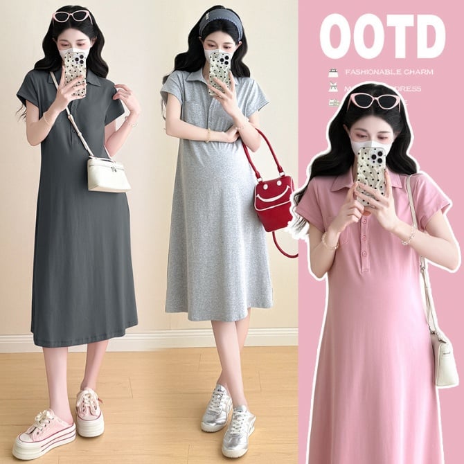 Chic Polo Collar Maternity Midi Dress