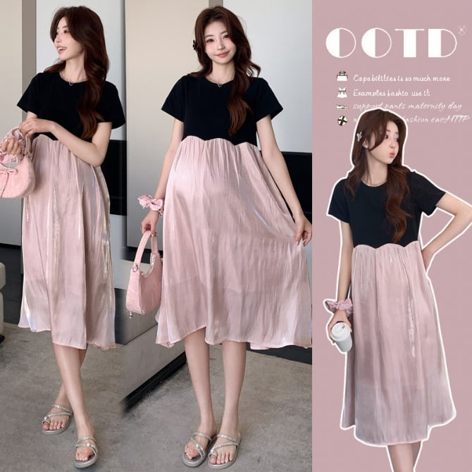French Style Patchwork Maternity Midi Dress