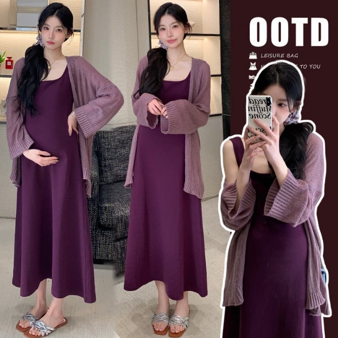 Korean Style Maternity Fall Outfit – Purple Knit Vest Dress & Cardigan Set