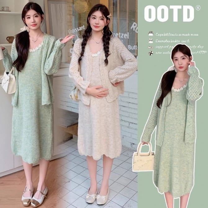 Maternity Spring/Autumn Sweater Set – Stylish Vest Dress with Hollow-out & Soft Cardigan