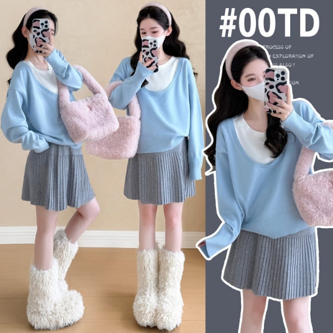 Maternity Sweet Casual Two-Piece – Knit Top & Pleated Skirt Set