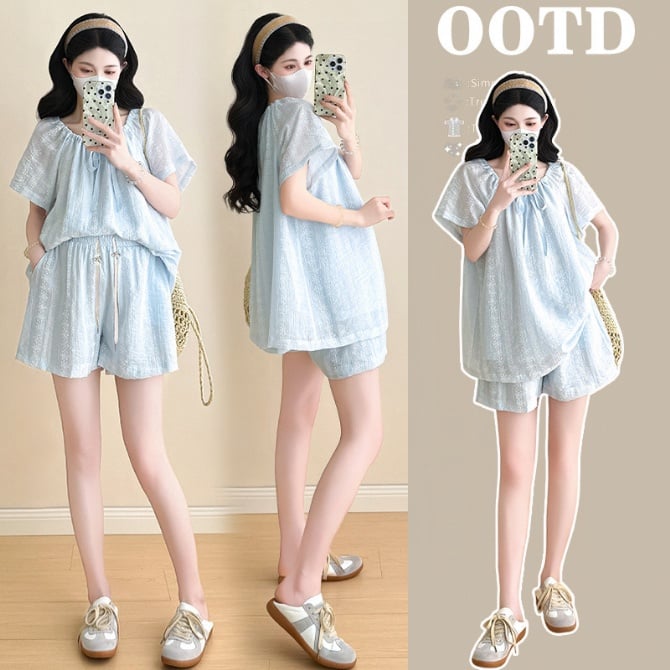 Blue Maternity Babydoll Top & Shorts Two-Piece Set