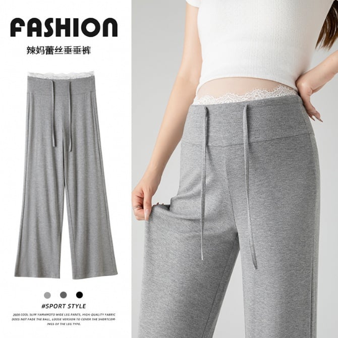 Non-Belly-Support Maternity Wide-Leg Pants with Lace Trim