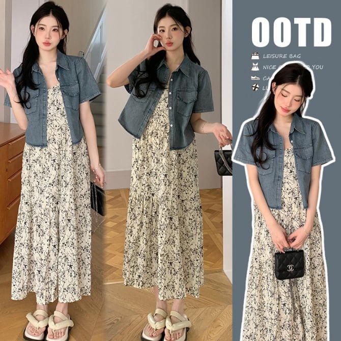 Maternity Summer Dress – French Style Floral Spaghetti Strap Dress with Soft Denim Short-Sleeve Top, Two-Piece Set