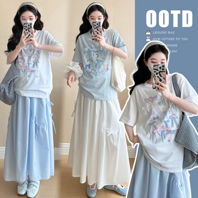 Maternity Bowknot T-Shirt & High-Waist A-Line Skirt Set