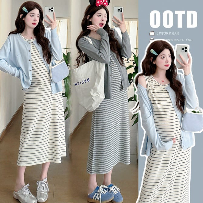 Maternity Bear Button Cardigan & Ice Silk Striped Tank Dress Set