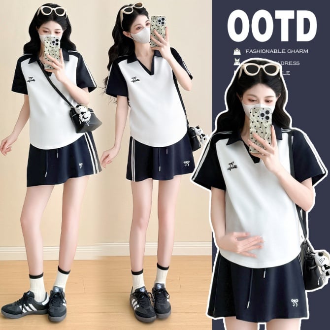 Maternity Casual Sports-Style Set – Short Sleeve Top with Skirt"