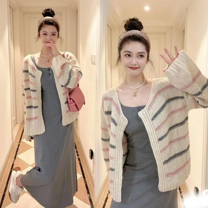 Korean Casual Maternity Two-Piece Long Dress Set