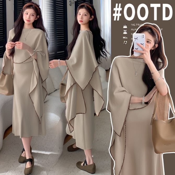 Maternity Knit Dress & Shawl Two-Piece Set (Spring/Autumn)