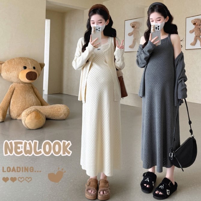 Maternity Hollow Out Embroidered Bow Knit Cardigan + Camisole Dress Two-Piece Set