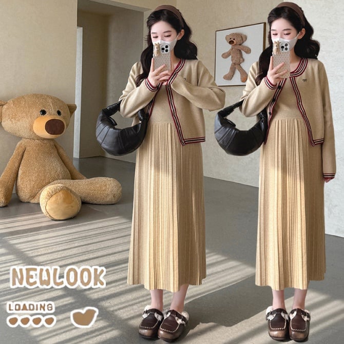 Maternity Knit Cardigan & Pleated Dress Two-Piece Set