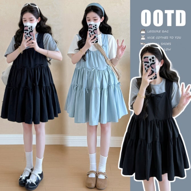 Maternity Outfit – Youthful Two-Piece SetNew short-sleeve T-shirt + Reversible Bowknot Maternity Pinafore Dress