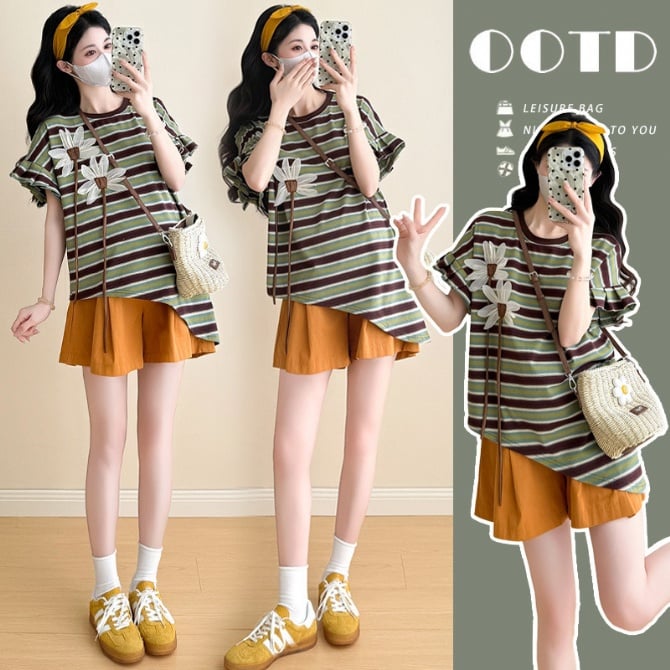 Maternity Summer Outfit – Vintage Irregular Striped T-Shirt & Shorts Set