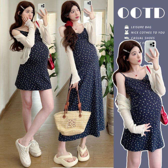 Maternity Summer Dress – Stylish Elastic Dyed Lace Trim Camisole Dress with Sun Protection Cardigan