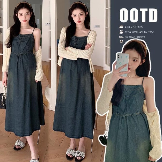 Maternity French Retro Design Denim Sling Dress Summer Sunscreen Cardigan Small Fragrant Style Elegant Set