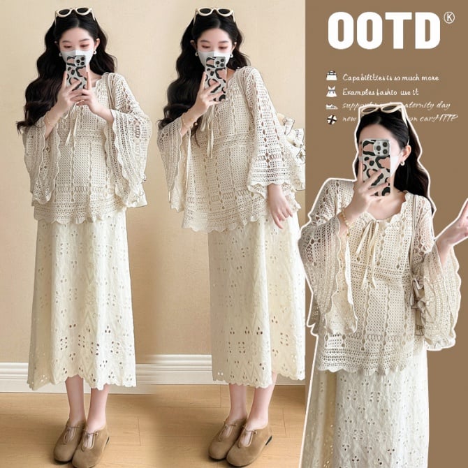Maternity Cotton Lace Loose Camisole Dress + Knitted Hooded Blouse Set