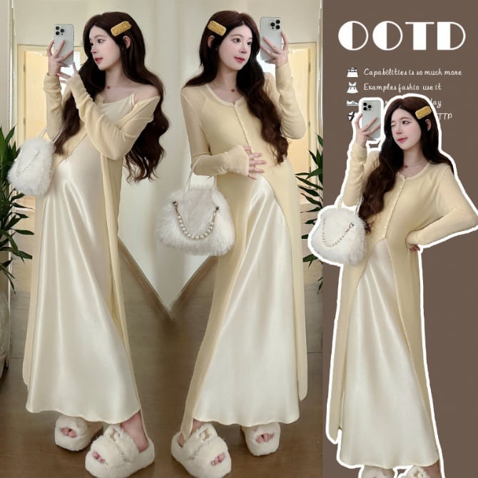 Maternity Autumn Knit Cardigan + Long Camisole Dress Set
