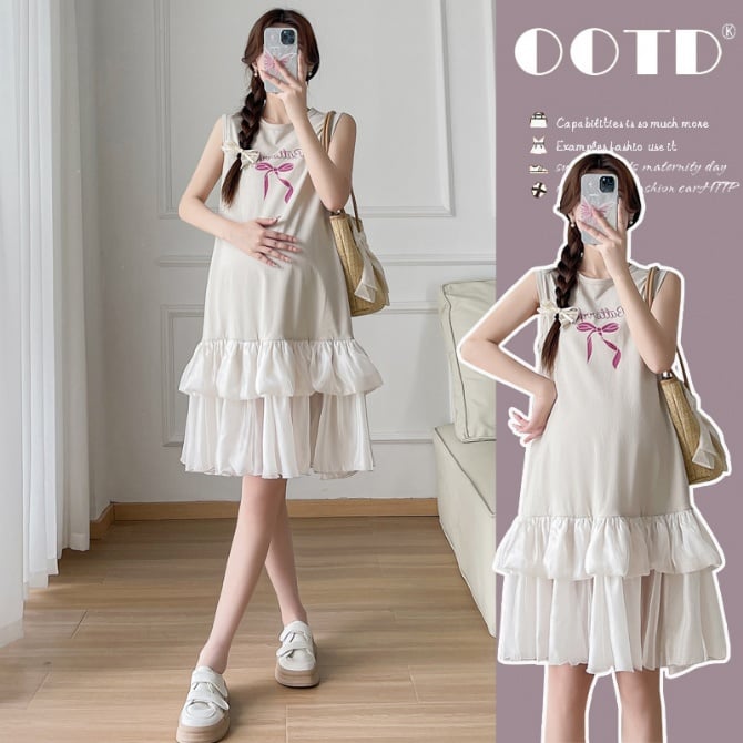 Maternity Summer Sleeveless Ruffle Tiered Dress