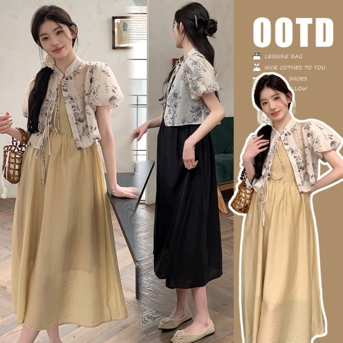 Maternity Summer Two-Piece Set – New Chinese Style Blouse + Slip Dress