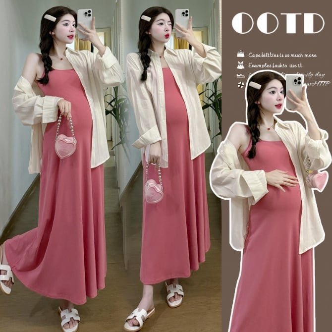 Maternity Summer Two-Piece Set – Sweet Sunscreen Shirt + Slim Strap Dress