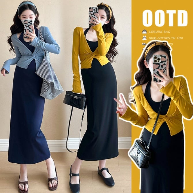 Maternity Early Spring Two-Piece Set – Slim Fit Elegant Dress Outfit