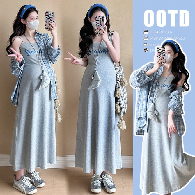 Maternity Plaid Shirt + Letter Camisole Dress Set