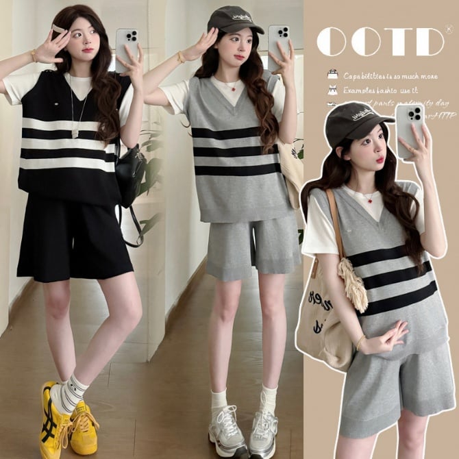 Maternity Summer College Style Knitted Two-Piece Set – Top + Wide-Leg Shorts
