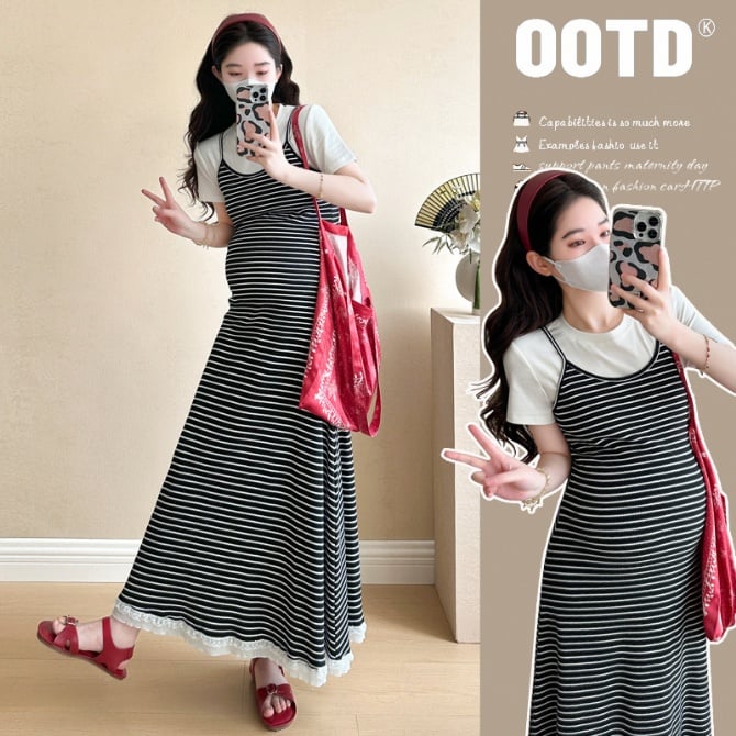 Maternity Summer Two-Piece Set – Lace Striped Sling Dress + T-Shirt