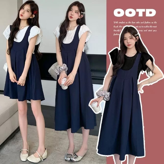 Summer Elegant Maternity Outfit – Korean Style Chic Puff Sleeve Top & Sleeveless Midi Dress Two-Piece Set