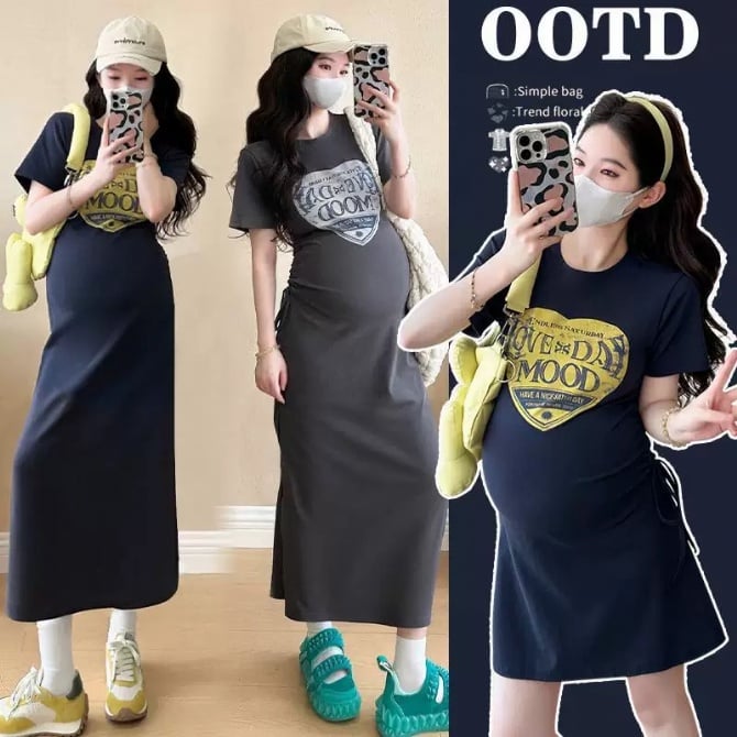 Summer Korean Maternity Dress — Stretchy Knit, Slim Fit, Printed Drawstring T-Shirt Dress