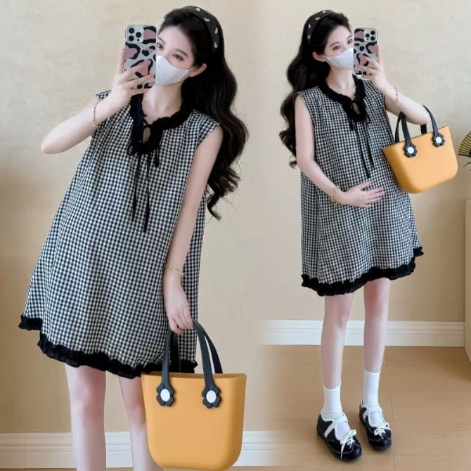 Korean Style Maternity Plaid Dress