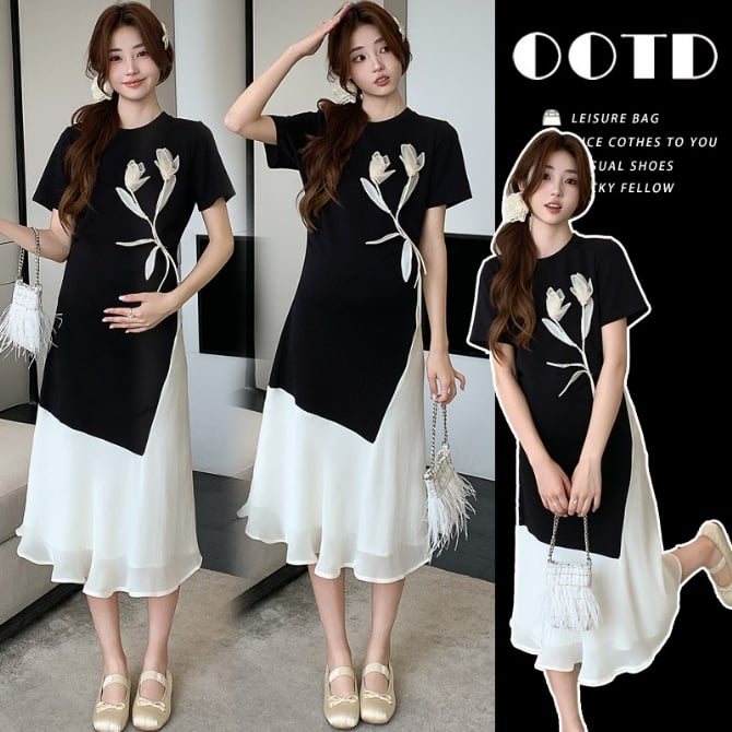 Maternity Dress with 3D Floral Design Slim-Fit Color-Contrast Style