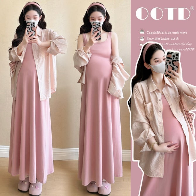 Korean Simple Square Neck Dress with Sun Protection Shirt