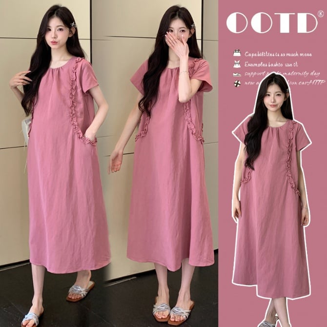 French Style Loose Maternity Dress with Ruffles