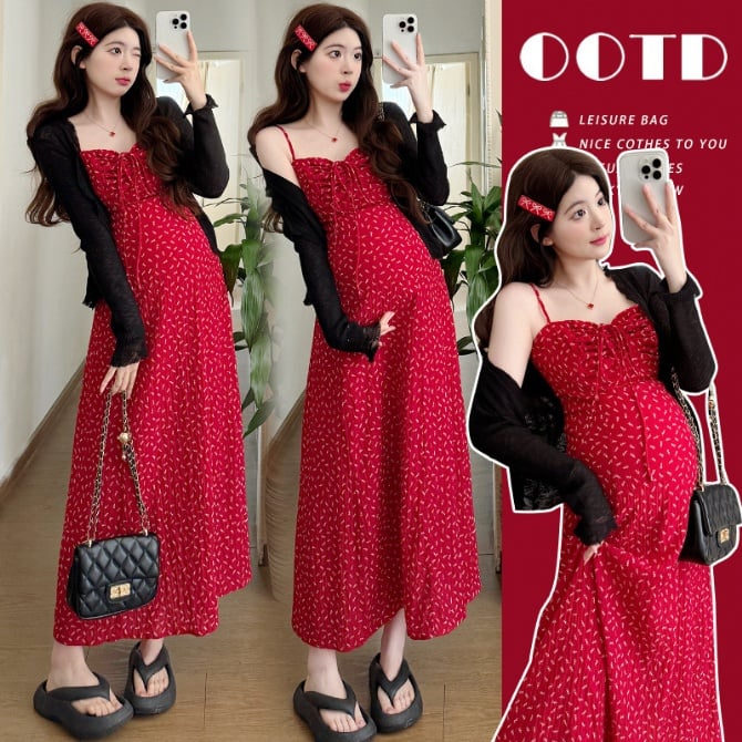 High-end Maternity Summer Holiday Dress Red Floral Seaside Slip Long Dress