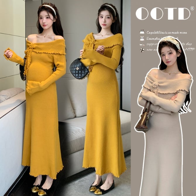 Maternity Off-Shoulder Knitted Slim Dress
