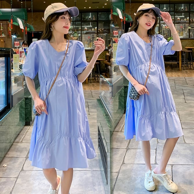 Maternity Cotton Pleated Loose V-neck Summer Short-sleeved Dress