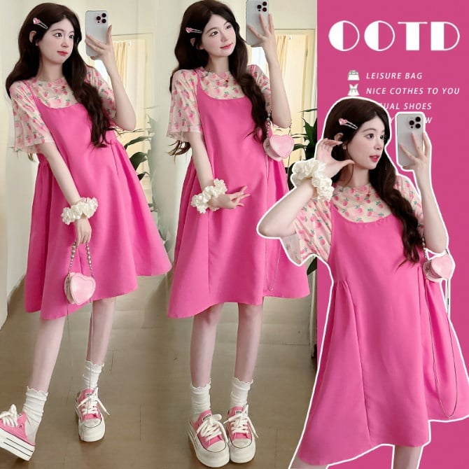 Maternity Summer Two-Piece Set – Tee + Suspender Dress
