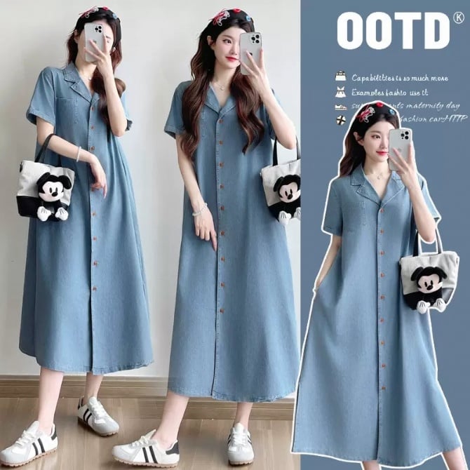 Elegant Casual Maternity Denim Shirt Dress