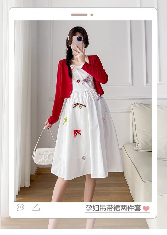 Maternity embroidered bow cami dress + red cardigan set